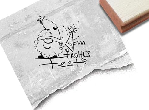 Stempel Weihnachtswichtel mit Ein Frohes Fest - Weihnachtsstempel mit Wichtel Gnom - Karten Geschenkanhänger Tischdeko Scrapbook - von zAcheR-fineT (groß ca. 48 x 46 mm)
