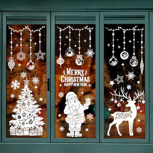 104 Pcs Large Christmas Window Stickers, White Xmas Window Stickers Clings Reusable, Double Sided Window Stickers Christmas Scene for Shop Xmas Decorations with Snowflake Santa Tree for Glass Decals