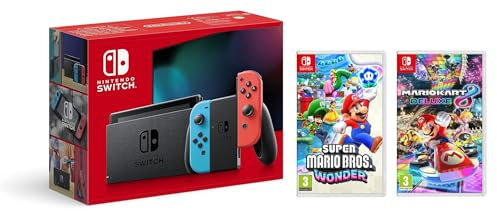Consola Nintendo Switch - Color Azul Neón/Rojo Neón + Super Mario Bros. Wonder + Mario Kart 8 Deluxe