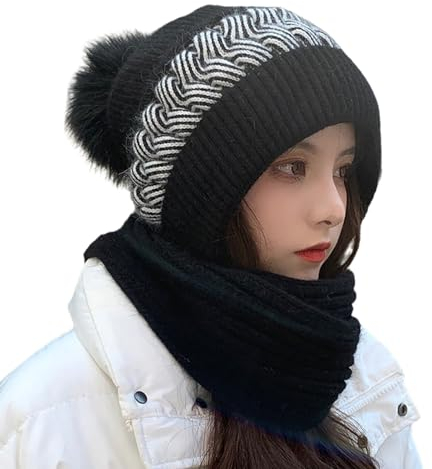 Kashyke Kapuzenschal Damen Winter Schal mit Kapuze Schalmütze Mützenschal Kaputzenschal Frauen Winddichte Pullovermütze Winter Warm Strick Mütze mit Schal Mütze Wintermütze 2 In 1 (Schwarz)