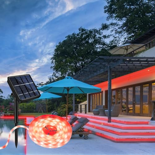 Aitesuo Solar LED Strip 5m, Rot Solarbetriebene LED Streifen Außen, 180 LEDs, 8 Modi, Schneidbar, IP65 Wasserdicht, Dimmbar LED Band Selbstklebend für Party, Garten, Schwimmbad, Lager, Außendekoration