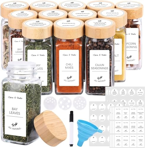 Oududianzi 24 Pièces Pot à Épices en Verre - 120ml Bocaux à Épices - Boite a Epices Cuisine Rangement - avec Tamis, 288 Étiquettes, Entonnoir