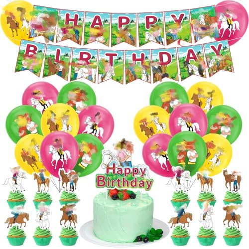 Pferde Geburtstagsdeko, Grün Geburtstagsdeko Tortendeko Geburtstag Luftballons, 32pcs Tortendeko Pferd, Mädchen Gegen Jungs-1 Happy Birthday Banner, 13 Cake Figuren Decoration, 18 Latexballon