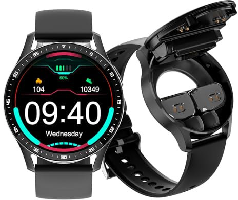 findtime Montre Connectée Homme avec Mini Ecouteurs TWS intégré Bluetooth sans Fil Casque Intégré Montre Sport Homme Smartwatch Appel IP67 Etanche Waterproof Ronde