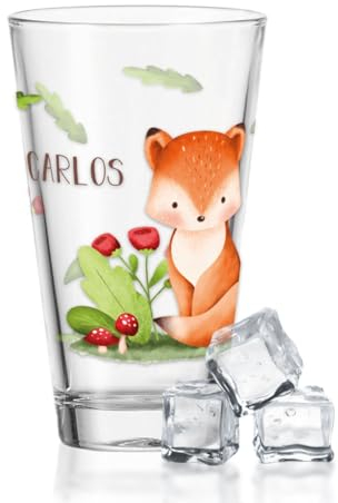 GRAVURZEILE Wasserglas mit UV-Druck - Tiergruppe Wald Design - Personalisiert mit Wunschname - Geschenke für Jungen & Mädchen Kinder zum Geburtstag Einschulung - Geeignet als Trinkglas - Fuchs