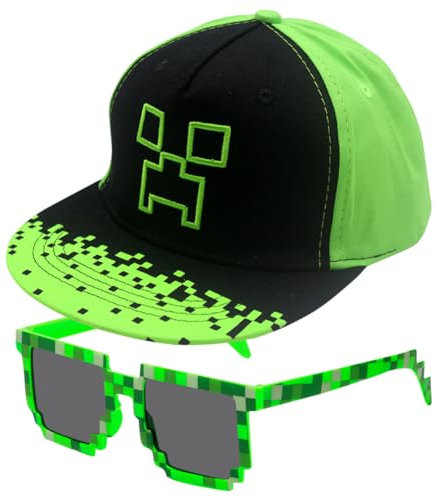 TIUASHR Minnecrafft Baseball Cap Kinder Baseballmütze, 2PCS Minnecrafft Baseballkappe und Sonnenbrille Sonnenhut Verstellbar Baseboard Mütze Basecap Kappe Cap Sonnenmütze für Kinder Ab 3 Jahren