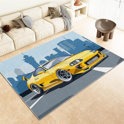 Teppich Dekoration 60x90 cm Cartoon-Stil Stadttaxi Gelb Rutschfester und Waschbarer Flanell Teppich Hellblau, für Schlafzimmer Kinderzimmer Wohnzimmer Moderner Balkon Esszimmer