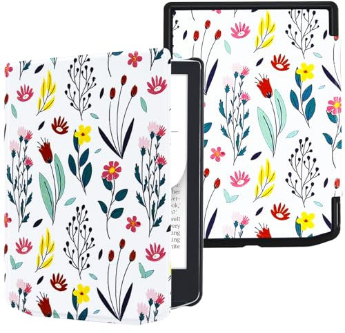 DMLuna Hülle für Pocketbook Touch HD 3 / Touch Lux 5 / Touch Lux 4 / Basic Lux 4 / Basic Lux 3 / Basic Lux 2 / Color, Automatische Schlaf-/Weckfunktion, Premium-PU-Leder, Hartschalenschutz, Blüte