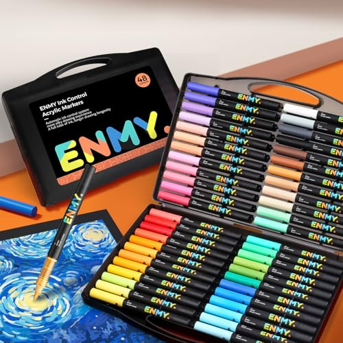 ENMY 48 Farben Acrylmalstifte, Direkte Flüssige Acrylmalstifte, Textilmarker für Stoffe, Leinwand, Felsen, Glas, Holz, Papier, DIY, Acrylfarben Marker für DIY Bastelbedarf