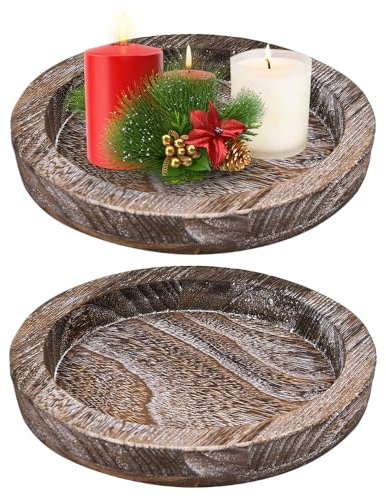 XRPRPX 2 Bandeja Redonda de Madera Decorativa de 20 cm Bandeja Decorativa Rústica para Centro de Mesa y Mesa de Entrada Bandeja de Madera Decorativa para Velas Jarrón Perfume Llaves Marco de Fotos