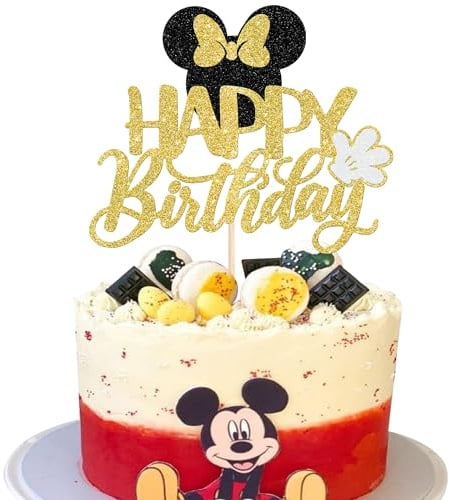 SYKYCTCY 1 Pack Mouse Happy Birthday Cake Toppers Glitter White Gloves Bow Mouse Inspired Birthday Cake Pick for Baby Shower Kids Birthday Party Cake Decorations Supplies Black Gold
