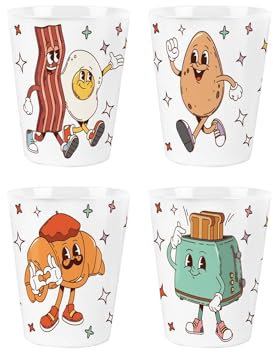 Retro Breakfast Egg Cups Set - Food Characters Tableware Kitchen Gifts - Pack of 4 Ceramic Egg Cups/Holders Kitchenware/Shot Glasses Boxed Present
