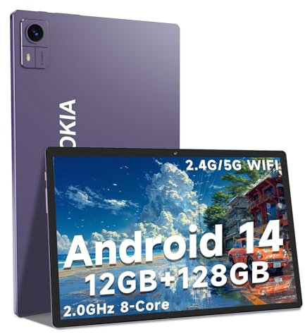 Semeakoko Tablet 10.1 Zoll, Android 14 Tablet PC mit 12 GB RAM + 128 GB ROM (TF 1 TB Erweitert), Octa Core 2.0 GHz, 2.4 G/5G WiFi, Bluetooth 5.2, 10000mAh, 1280 x 800 HD IPS, 2+5 MP Dual Kamera, Lila