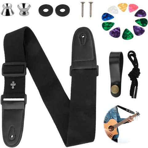 Gitarrengurt Geflochtene Verstellbare Gurte, Verstellbarer Gitarrengurt aus Baumwolle in Schwarz, gitarrengurt Schwarz Baumwolle,5 cm Breite, für Bass, E-Gitarre, mit PU-Lederenden und Zubehör