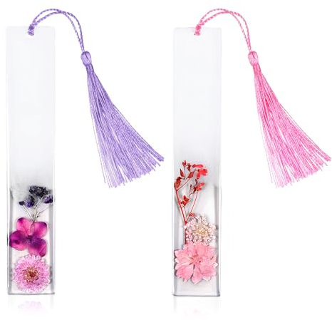 JIEYAO 2 Stück Getrocknete Blumen Lesezeichen mit Quaste, Personalisierte Harz-Bookmarks mit Gepressten Blumen - Geschenke für Lehrer, Schüler und Leser