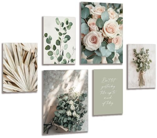 LAVEMA Bilder Wohnzimmer Poster Set Eukalyptus Ästhetische Wanddeko (ohne Bilderrahmen) Wandbilder Blätter Pflanzen Grün Natur Beige Modern Aesthetic Skandinavisch Floral
