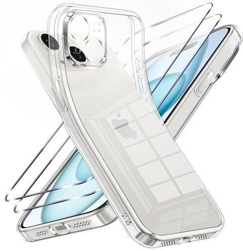 Viojrlra Coque pour iPhone 15 Plus avec 2 Pièces Verre Trempé, Transparente Anti-Jaunissement Souple TPU Silicone Étui, Antichoc Anti-Rayures Protection Case pour iPhone 15 Plus