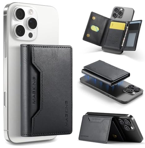 MagSafe Wallet, Magsafe Kartenhalter mit 8 Kartenfächer, inklusive RFID Schutz, Kartenhalter aus Hochwertigem PU Leder, Vielseitigkeit Wallet Ständer, für iPhone 16/15/14/13/12 Serie, Schwarz