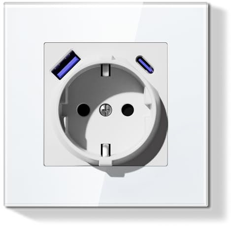 BSEED LIFE Enchufe de Pared,Enchufe Schuko de Empotrar 1 Gang 16A con USB-C 20W Carga Rápida USB-A, Marco de Cristal,Fácil Instalación,Garras Plegables,Base Tipo F con Toma de Tierra,86 * 86mm Blanco