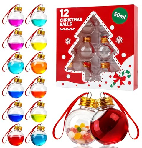 CIYIN 12 Stück Christbaumkugeln 50ml, Weihnachtskugeln zum Befüllen, Transparente Tannenbaumkugeln aus Plastik, mit Schneeflocken-Stickern, befüllbar mit Getränken oder Süßigkeiten