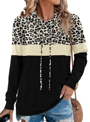 Chicrise Kapuzenpullover Für Damen Langarm Rundhals Strickpullover Mit Taschen Farbblock Strick Kleidung Leopard Schwarz 2X Groß 50-54