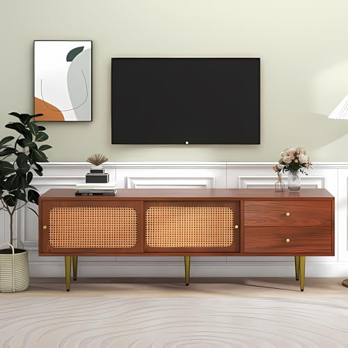 TV-Schrank mit Rattan-Schiebetüren und Schubladen TV-Möbel mit Vier Fächern Kabeldurchlässen verstellbaren Einlegeböden robustem MDF Kunststoff-Rattan Metallfüßen 160cm lang Walnuss