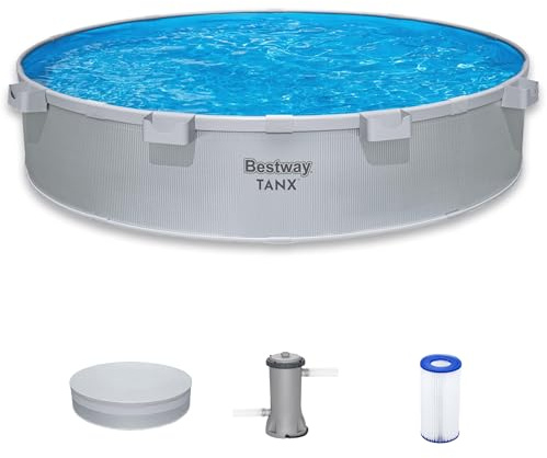 Bestway TANX 10' x 24 Stock Tank Pool, Round Galvanized Steel Above Ground Pool Set with Filter Pump, Filter Cartridge (Type III), Pool Cover, and Cup Holders, Semi-Permanent Metal Steel Wall Pool