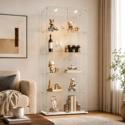 WOBOPCG 5-våningsfönster i glas med 2 dörrar, stående vitrinskåp, LED-vitrin för vardagsrum, sovrum, kontor, bar, vit