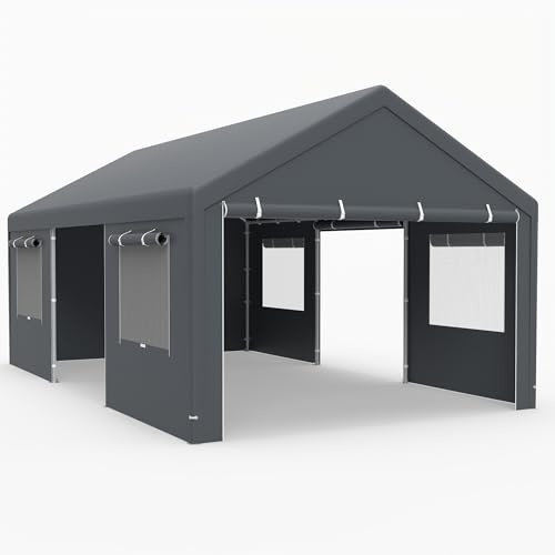 GOPLUS Garaje Carpa para Coche, Tienda de Lona PE Impermeable, Resistente a la Intemperie, Paredes Laterales Desmontables, Ventanas y Puerta, con Estructura Metálica para SUV (363 x 600 cm,Gris)