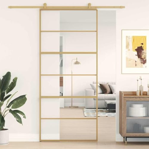 Porte coulissante dorée 90 x 205 cm, verre trempé transparent, aluminium, porte intérieure avec cadre fin, butée de porte silencieuse, transition moderne pour la maison et le salon
