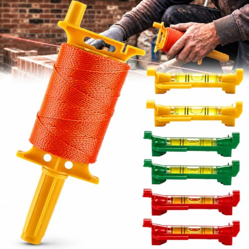 Ranging Line, 165m Heavy-Duty Nylon String Handle Orange 6Pcs Level | Mini Rope Bubble String Level High-Visibility Yellow Bricklaying, Landscaping Masonry Construction DIY Projects