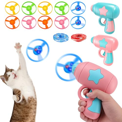 XazNvc Flying Disc Launcher Toy, Interactive Cat Toy,14 Pieces, Cat Fetch Toy for Indoor Exercise and Outdoor Training Activities, Includes Pink and Blue Launchers