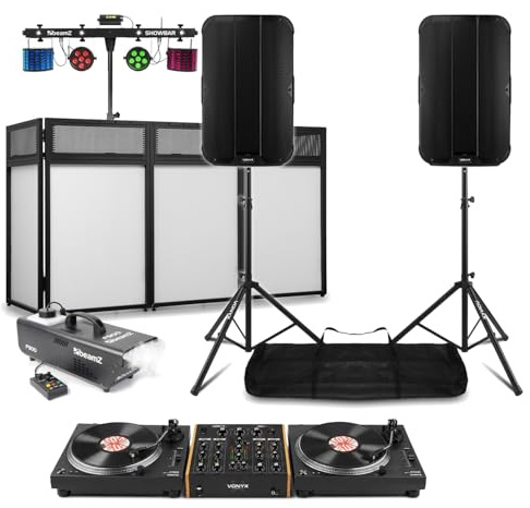 Vonyx Vinyl DJ Package with 2 DT6000 Direct Drive Turntables, 4 Channel Rotary Mixer, DJ Booth, 15 Inch Active Speakers, Stands, ShowBar Light System and Fazer