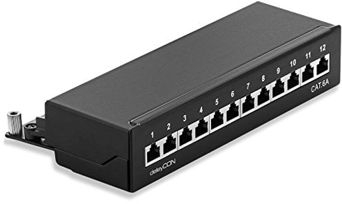 deleyCON CAT 6a Patchpanel Verteilerfeld 12 Port - Desktop & Wandmontage Geschirmt 12x RJ45 Buchse - TIA568A TIA568B - Schwarz