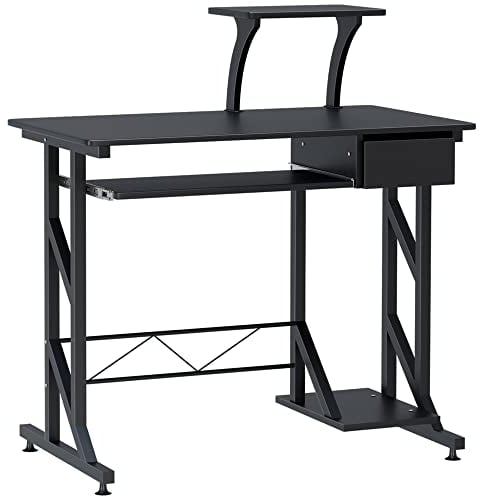HOMCOM Computer Desk with Display Stand, Sliding Keyboard Tray Drawer and Host Box Shelf Home Office Workstation Black