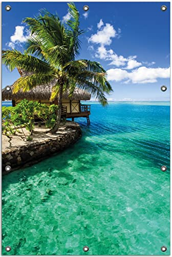 Wallario Outdoor-Poster für Garten oder Balkon Karibisches Meer Einsame Hütte unter Palmen, Motivbanner Größe: ca. 80 x 120 cm, Outdoor-Bild