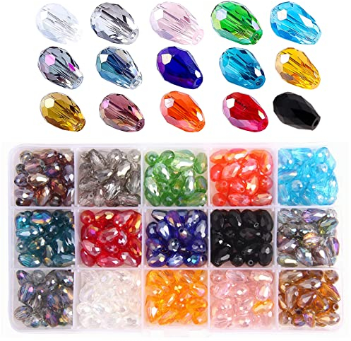 Colle Crystal Teardrop Glass Beads - 300pcs, 8-10mm, 15 Colors for Jewellery Making