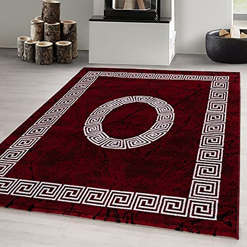 Carpetsale24 Teppich Wohnzimmer Marmor Optik Mit Mäander Bordüre Muster Rot Meliert 120 x 170 cm - Kurzflor Schlafzimmer Pflegeleicht Und Extra Weich - Küche Esszimmer Kinderzimmer