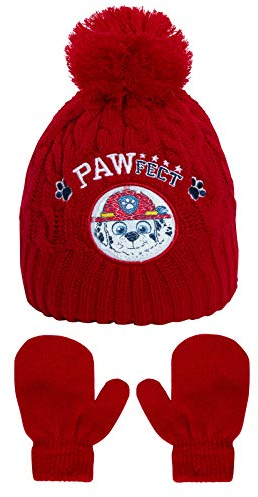 Paw Patrol Jungen Strickmütze + Fäustlinge Winter Set mit wendbaren Pailletten Marshall oder Chase Gr. 12-18 Monate, rot