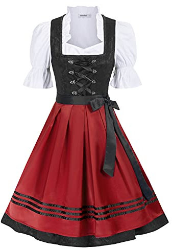 JASAMBAC Damen Dirndl 3 Teilig Oktoberfest Kostüme für Bayerischen Karneval Schwarz+Rot L