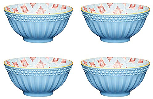 KitchenCraft Set of 4 Glazed Stoneware Bowls with Embossed Diamond Pattern, Red & Blue Ceramic Bowls with Footed Base, Microwave & Dishwasher Safe, 15.7 cm (6)