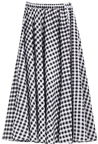Camilife Jupe Longue Femme Lin Coton Fleuri Jupe Longue avec Poches Latérales Taille Elastique Jupe Bohème Rétro Vintage Longueur 90 cm Taille 34/36/38/40/42, C81 Noir Blanc à Carreaux, SM