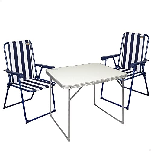 Campingtisch- und Stuhlset, Tragbarer, klappbarer Campingtisch, Robuster Campingstuhl, Weißer Tisch 80x60x70 cm, 2 Stühle 53x47x85 cm, Blau und Weiß, Aktive Camping