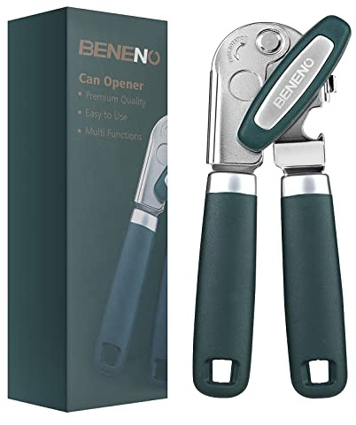 Beneno Heavy Duty Hand Can Opener Manual with Magnet, Durable Sharp Carbon Steel Blade Smooth Cutting, Big Effort-Saving Knob & Soft Grip Handle, Multifunctional Kitchen Tool with Bottle Opener, Green