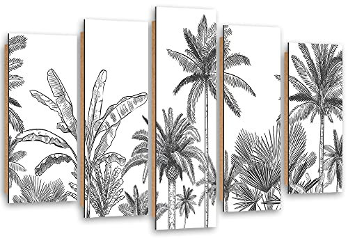 Feeby Tableau Mural 200x100 cm Esquisse Palmiers 5 pièce Tableaux Image Photo Décoration Murale Artistique Photographie Design Salon Chambre d'enfant Abstraction Feuilles Jungle noir et blanc