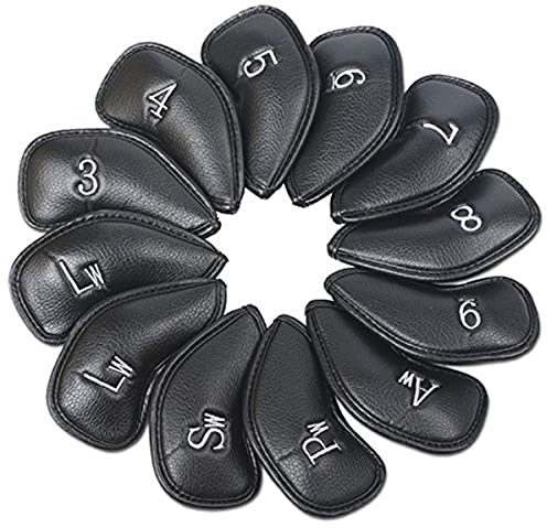 Techson Golf Club Headcovers (Black, 12pcs), Waterproof Portable Iron Head Covers Protector, Outdoor Leather Golf Putter Accessories Equipment (Black)