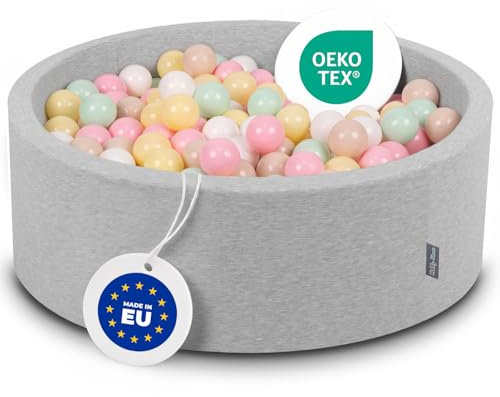 KiddyMoon Piscina De Bolas 90X30cm/200 Bolas ∅ 7Cm para Ninos Hecha En La UE, Grisclr:Beigpas/Amarpas/Blan/Menta/Rosaclr
