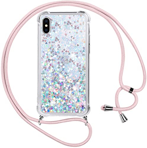 Vauki handyband für iPhone XS/X Hülle mit Band,Silikon Durchsichtig Transparent Flüssig Glitzer mit Kette Kordel Bumper Treibsand Necklace TPU Schutzhülle Case für iPhone XS