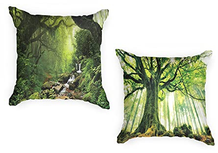 Ulticool - Kissenhülle - Natur Bäume Wasserfall - Set von 2 Motiven Outdoor Kissen - Wasserfest - 2 Gartenkissen Draussen Ohne Füllung – 45 cm x 45 cm – Kissenbezug für den Garten - Grün