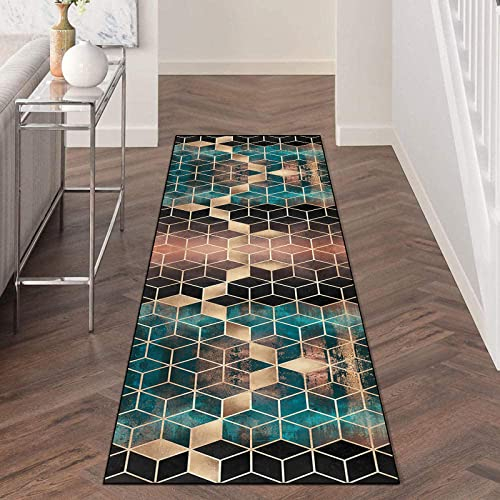 Teppich Läufer Flur rutschfest Meterware 80×400cm, Geometrisch Schwarz Gold Grün Diamantgitter Küchenläufer Flurläufer Lang Polyester Teppichläufer, für Korridor Schlafzimmer Wohnzimmer